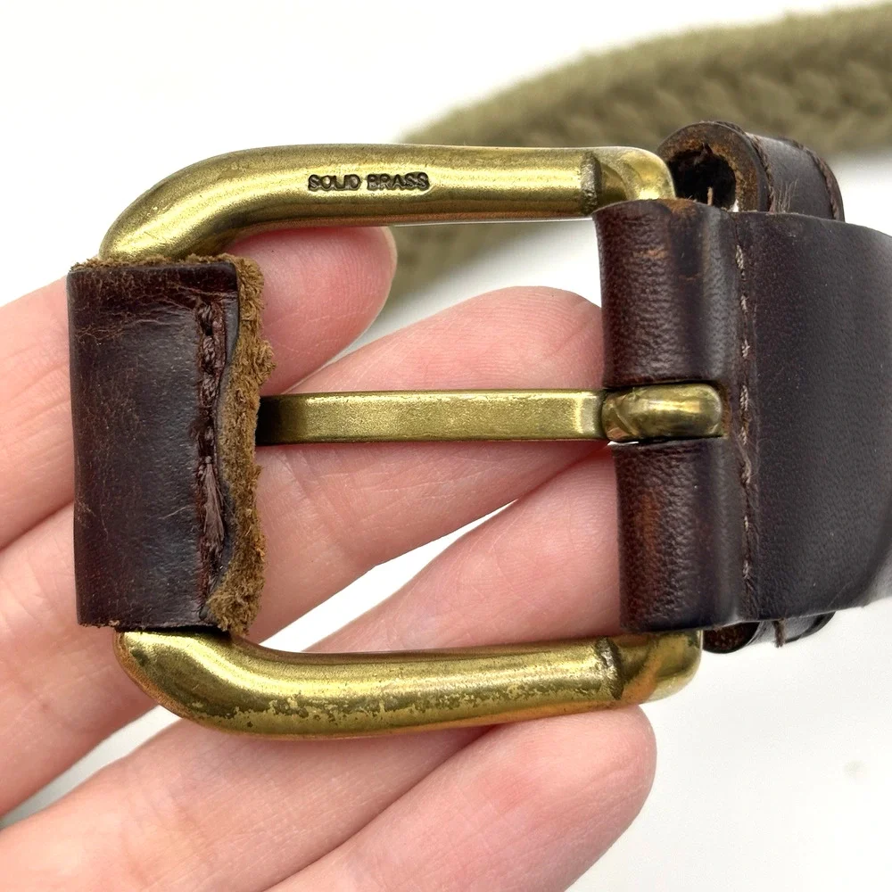 Vintage 90s Dockers 2593 Beige Woven Cotton Brown Leather Brass Buckle Belt 32